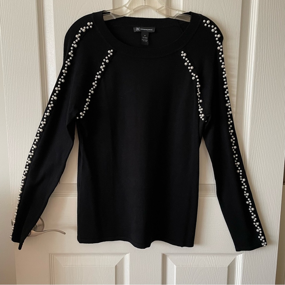 Women’s INC Black Lightweight Sweater Top With Pearl Appliqués Size Medium